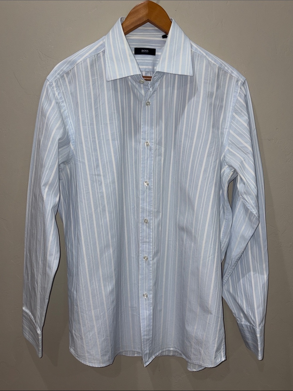 BOSS Men's Blue and White Vertical Stripe Dress Shirt